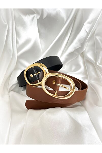 Generic Brand Black and Tan Belt Set of 2 with Oval Gold Buckle