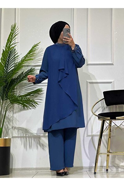 masalabiyem 2222 K80 İNDİGO KOL YAKA TAŞ ŞİFON DETAY TAKIM