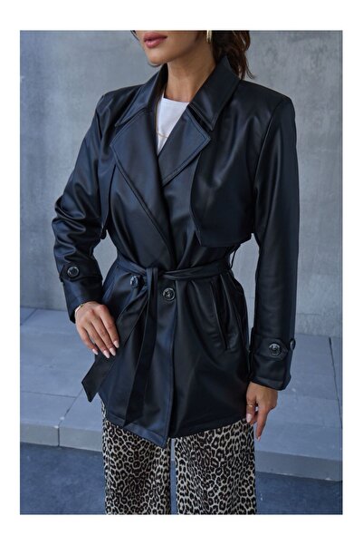 Elif Özbey Butik Siyah Kuşaklı Ara Boy Deri Trenç