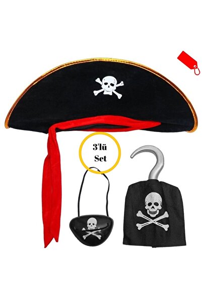 TanOzel Kaptan Jack Sparrow Şapka - Kanca - Göz Maskesi 3 lü Çocuk Korsan Kos...