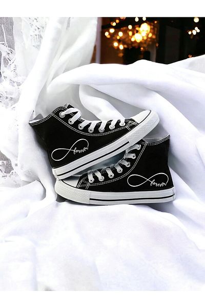 Lideral Unisex Black White Endless Printed Convers Model Comfortable Linen High Top Sneaker Casual Sports Shoes