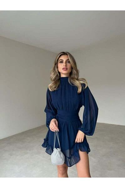 popibutik Rochie din șifon cu guler înalt bleumarin