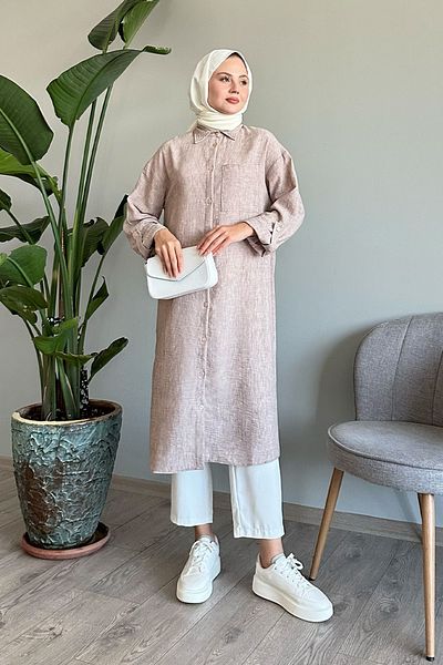 InStyle Cămașă lejeră lungă, bej, cu buzunar de in