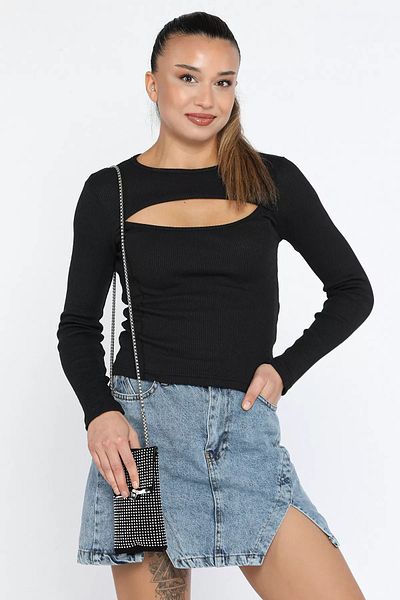 GÜLSELİ Μαύρη μπλούζα Lycra Camisole με μπροστινό παράθυρο