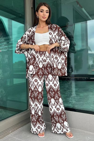 GÜLSELİ Brown Patterned Kimono Double Set