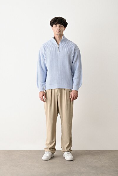 İLKCET MODA Zippered Baby Blue Stand Collar Basic Oversize Sweater