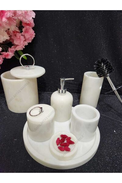SARITAŞ Beyaz Mermer Banyo Seti - Çember Aksesuar Detaylı
