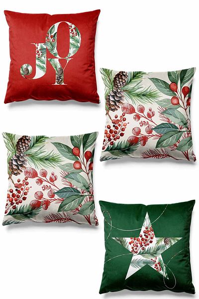 Pilloveland Set of 4 Pine Christmas Patterned Suede Throw Pillow Cover - New Year - Christmas