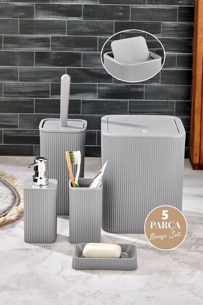 Tugomer 5 Parça Lena Pratik Kapaklı Kare Banyo Seti - Çizgili Banyo Düzenleyi...