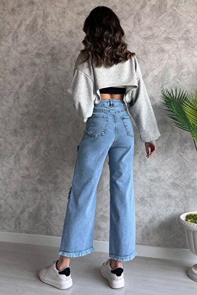 GÜLSELİ Blugi Palazzo Jean albastru deschis cu ciucuri cu talie înaltă