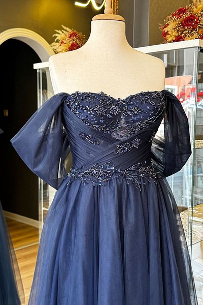 Lenta Moda Navy Blue Draped and Flower Pattern Lace Detailed Midi Length Evening Dress and Evening Dress
