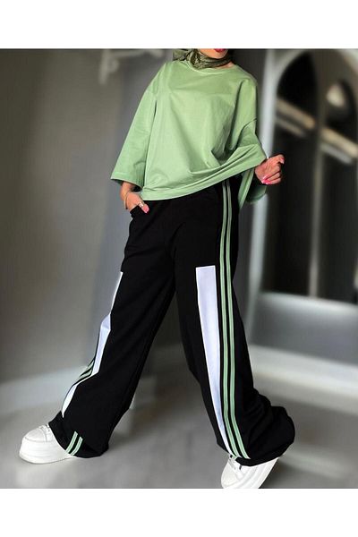 Machetta Women's Large Size T-Shirt Side Stripe Sweatpants Double Set