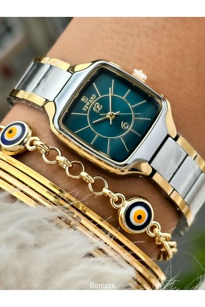 Reward Brand Steel Cord Silver/Yellow Square Case Women's Wristwatch+Nazar Beaded Bracelet Gift