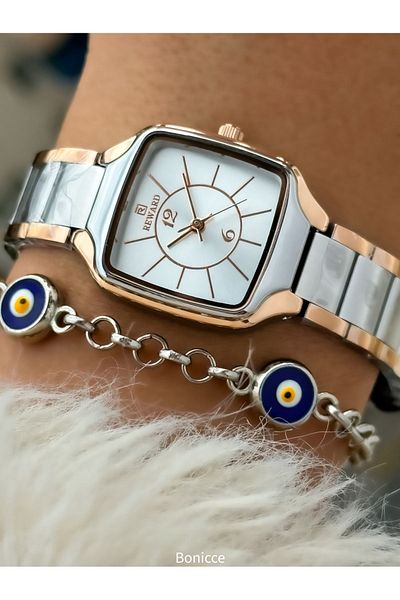 Reward Brand Steel Cord Rose/Silver Square Case Women's Wristwatch+Nazar Beaded Bracelet Gift