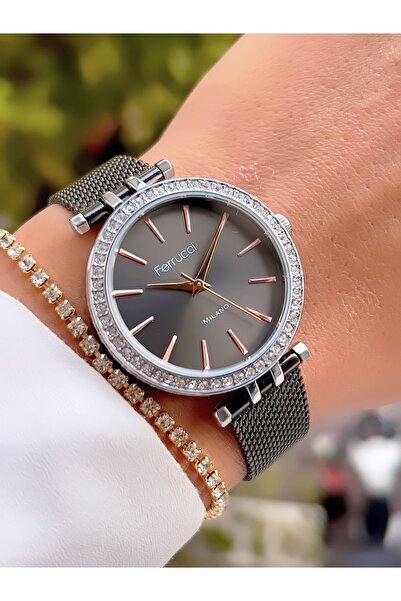Ferrucci ساعة يد نسائية بحبل شبكي فولاذي 3 ATM مقاومة للماء بزخارف حجرية + سوار هدية