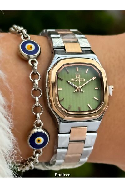 Reward Brand Steel Cord Rose/Silver Stylish Women's Wristwatch + Nazar Beaded Bracelet Gift
