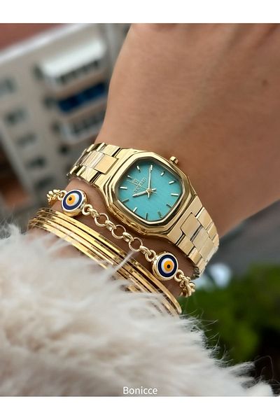 Reward Stylish Women's Watch with Yellow Colored Steel Cord and Evil Eye Beaded Bracelet - Gift