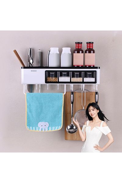Miecoco Ecoco Kitchen Organizer with Adhesive Compartment, Hanging Spice Rack, Towel and Phone Holder