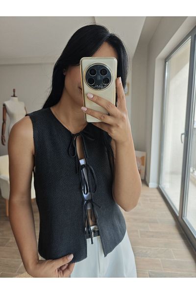 DUSOHOME Vestă tricotată din alamă cu cravată în față Vestă tricotată din oțel