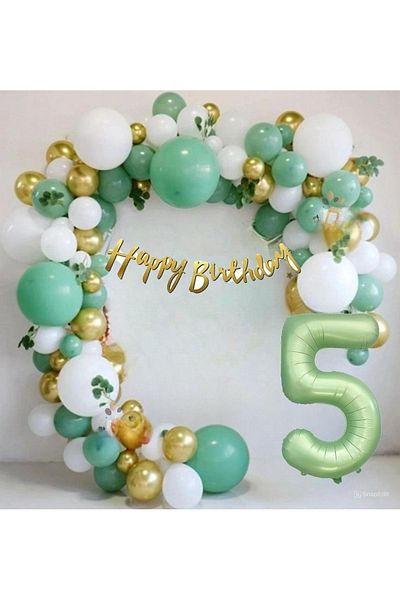 DÜVENCİ TİCARET Matte Green Age Foil Balloon Happy Birthday Caligraphic Green Gold White Birthday Party Set