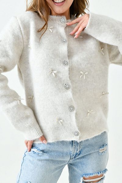 barış sülün lovebox Women's Acrylic Stylish Button Design Bow Detailed Ecru Knitwear Cardigan 1041