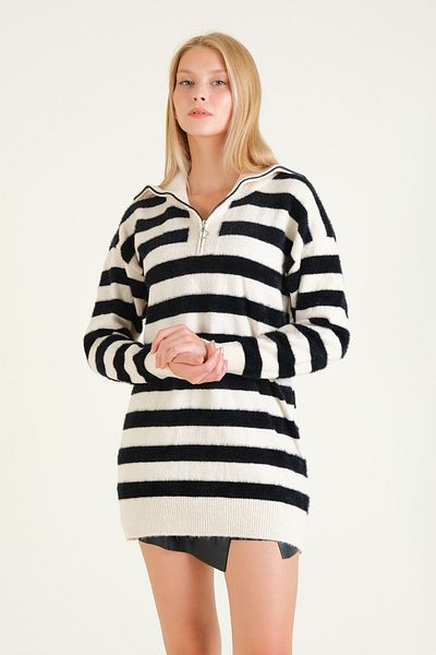 Giyim Dünyası Ecru Women's Tunic - Striped, Half Zipper and Furry