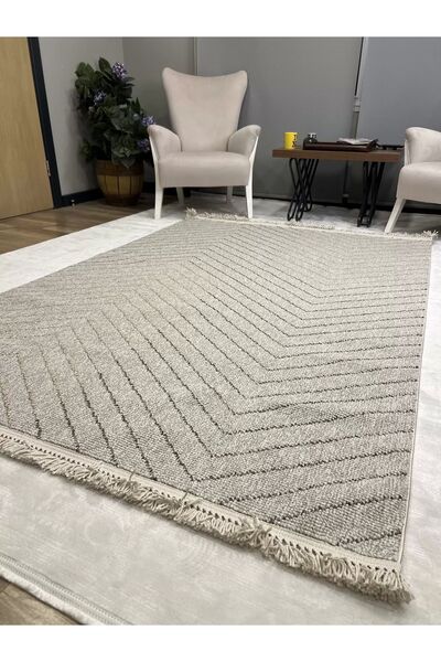 Sanat Halı Bej Zikzak Desenli Iskandinav Halı - Minimalist Ve Yumuşak Salon Halısı - Lora Plus 3924