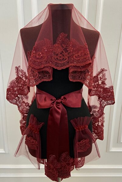 ZEYMERADE Bordo Zarif Desen Işıl Işıl Güpürlü Gelin Duvak Seti