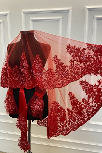 ZEYMERADE Kırmızı Vip Lüks Gelin Duvak Seti, Geniş Aplikli Kına Gecesi Duvağı...