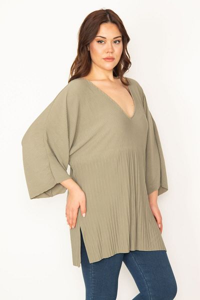 Şans Women's Large Size Green V-Neck Bat Sleeve Lycra Tunic 65n32443
