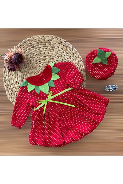 Ricco kids Ricco Baby Strawberry Long Sleeve Dress Beanie and Bracelet Set