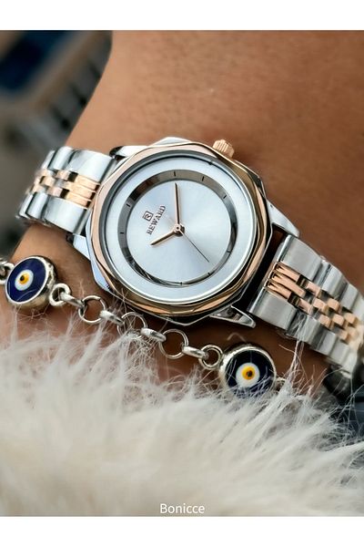 Reward New Model Steel Cord Rose/Silver Women's Wristwatch + Nazar Beaded Bracelet Gift