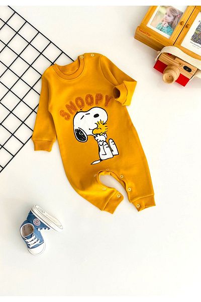 DERİNBEBE Cheerful Babies Snopy Embroidered Printed Pattern Jumpsuit Mustard