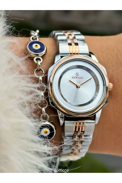 Reward New Model Steel Cord Rose/Silver Women's Wristwatch + Nazar Beaded Bracelet Gift