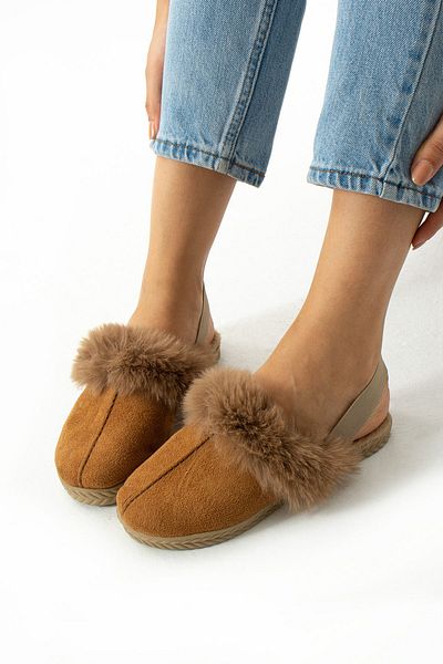 MÜJERİL'S Tan Furry Elastic Άνετη Εφαρμογή Παντόφλες για οικιακά παπούτσια