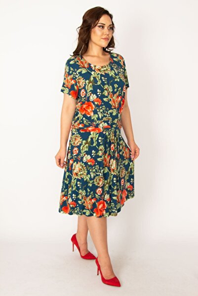 Şans Women's Large Size Colorful Waist Draped Floral Patterned Dress 65n33589