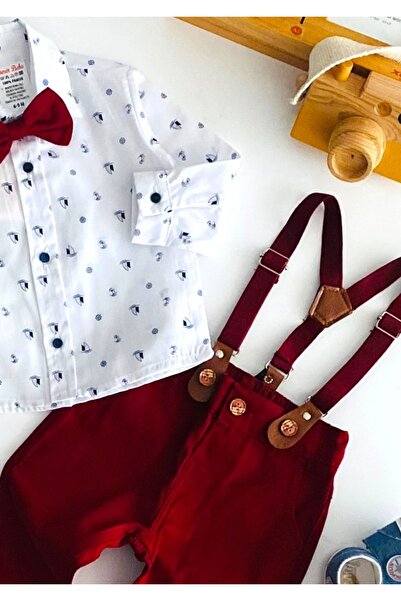 DERİNBEBE Cheerful Babies Bow Tie Trousers Strap Ship Pattern Shirt Set Claret Red