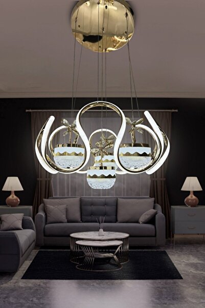 RSCOLLECTIONS Modern Taç 4 Toplu 3  Renk Kumandalı Led Avize (gece lambası mo...