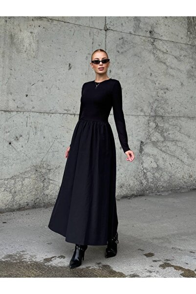manana fashion Crew Neck Long Sleeve Flared 100% Cotton Black Long Dress