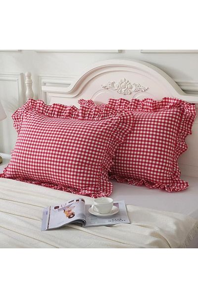 Erba kreasyon Frilly Pillowcase Gingham Pattern Frilly Pillow Case 2 Pieces