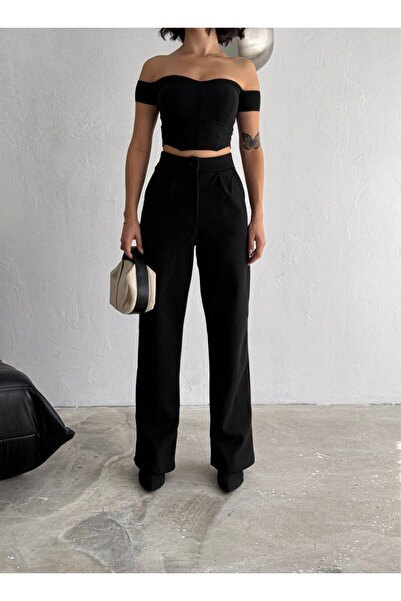 MİSPİER Women's Black Stamped Palazzo Trousers