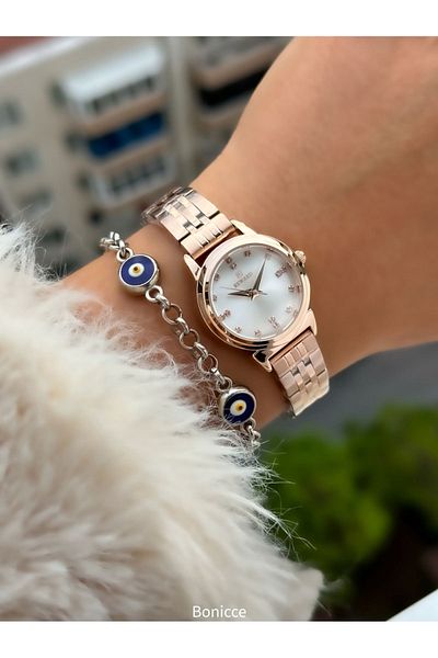 Reward New Model Steel Cord Rose Color Small Case Women's Wristwatch + Nazar Beaded Bracelet Gift