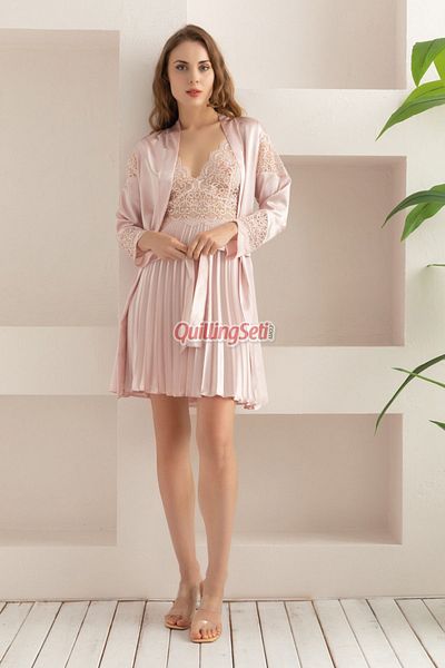quilling Set de cămașă de noapte din satin cu rochie de noapte Powder Colour Lace Detailed Lady 15233