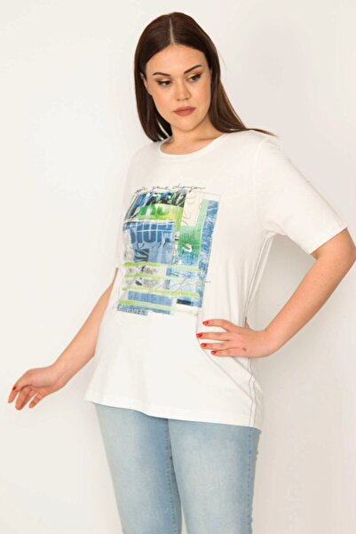 Şans Bluză cu imprimeu albă cu piatră și lac pentru damă, mărime Plus, 65n32039