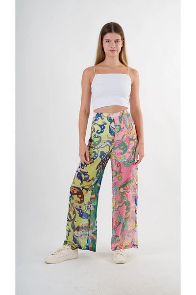 hazelin Pantaloni largi de damă, verzi, roz, cu imprimeu, cu talie înaltă, HZL22S-YY284