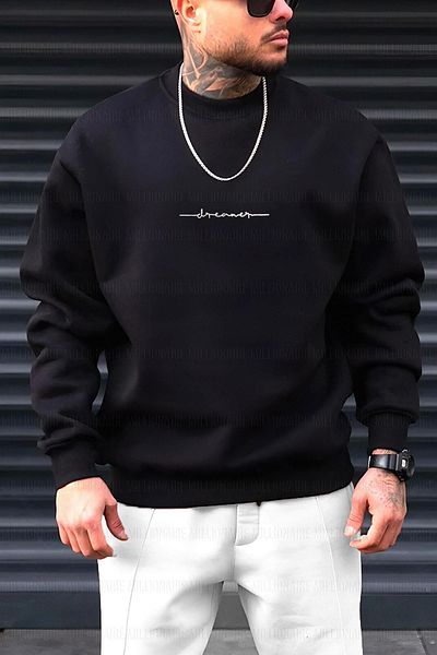 Pink Sky Men's Black Dreamer Printed 0 Crew Neck Oversize Loose Loose Fit Fleece Sweatshirt