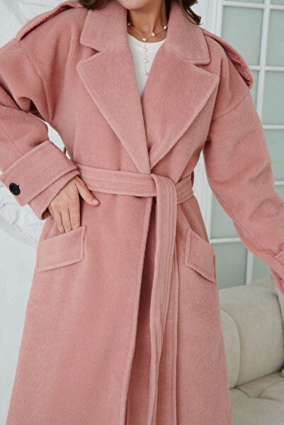 WOMAN VISION Dvojradový golier a opasok s dlhým rukávom sušený ružový midi kabát - podšitý mimo ramena 9002