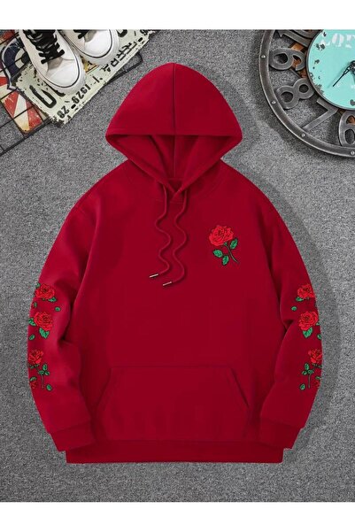 Machetta Hanorac cu glugă cu imprimeu cu trandafiri de iarnă supradimensionat...