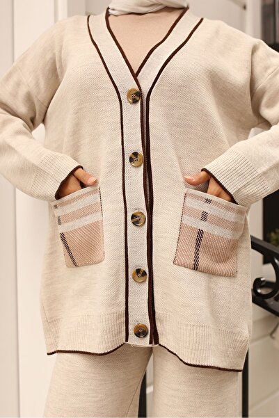 benguen 24116 Ζακέτα τσέπης Πλεκτό Σετ Πέτρινο Χρώμα