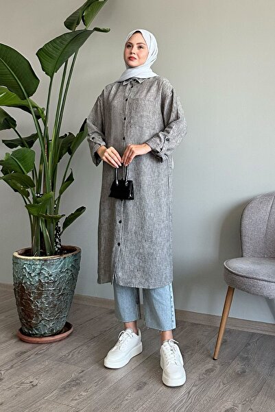 InStyle Long Gray Casual Shirt with Linen Pockets